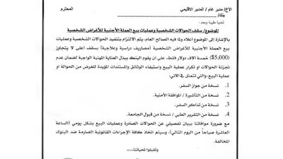 البنك المركزي يحدد سقف الحوالات وبيع العملة الأجنبية للأغراض الشخصية